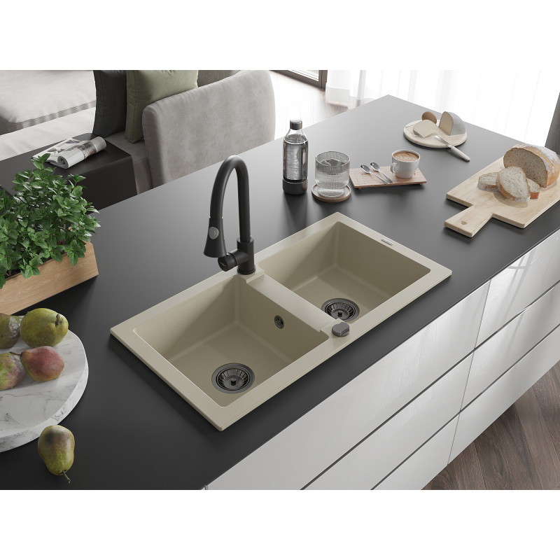 Mexen Mario évier en granit à 2 bacs avec robinet de cuisine Elia, beige - 6504-69-670101-70