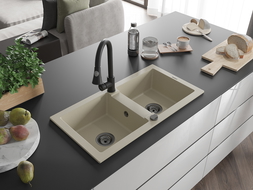 Mexen Mario évier en granit à 2 bacs avec robinet de cuisine Elia, beige - 6504-69-670101-70