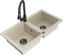 Mexen Mario évier en granit à 2 bacs avec robinet de cuisine Elia, beige - 6504-69-670101-70