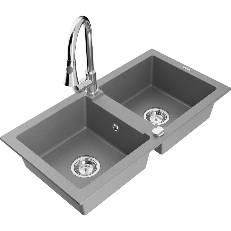 Mexen Mario évier de cuisine en granit à 2 cuves avec robinet de cuisine Elia, gris - 6504-71-670101-00
