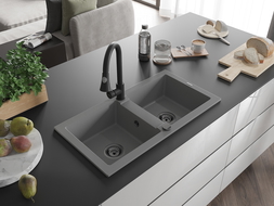 Mexen Mario évier en granit à 2 bacs avec robinet de cuisine Elia, gris - 6504-71-670101-70-B