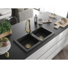 Mexen Mario évier en granit à 2 bacs avec robinet de cuisine Elia, noir / argent métallisé - 6504-73-670101-50