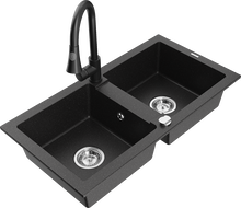 Mexen Mario évier en granit à 2 bacs avec mitigeur de cuisine Elia, noir/argent métallique - 6504-73-670101-70