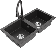 Mexen Mario évier en granit à 2 bacs avec mitigeur de cuisine Elia, noir moucheté - 6504-76-670101-76