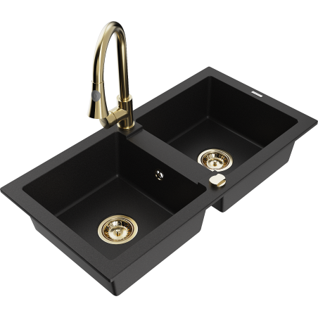 Mexen Mario Évier en granit à 2 bacs avec robinet de cuisine Elia, noir - 6504-77-670101-50