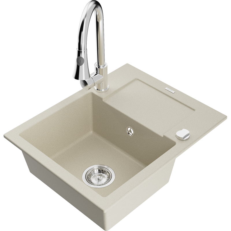 Mexen Enzo évier en granit 1 bac avec égouttoir et robinet Elia, beige - 6506-69-670101-00