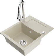 Mexen Enzo évier en granit 1 bac avec égouttoir et robinet de cuisine Elia, beige - 6506-69-670101-00