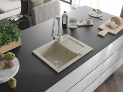 Mexen Enzo évier en granit 1 bac avec égouttoir et robinet Elia, beige - 6506-69-670101-00