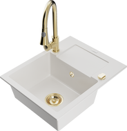 Mexen Enzo évier de cuisine en granit 1 bac avec égouttoir et robinet de cuisine Elia, blanc - 6506-20-670101-50