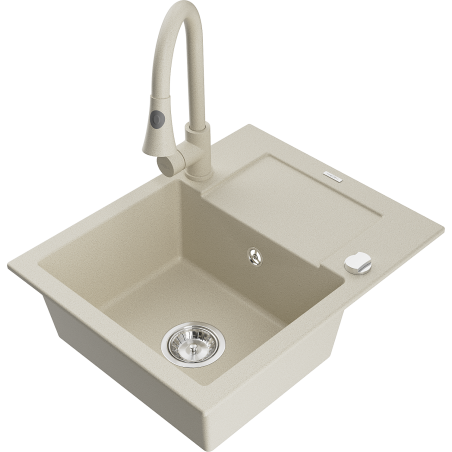 Mexen Enzo évier en granit 1 bac avec égouttoir et robinet de cuisine Elia, beige - 6506-69-670101-69
