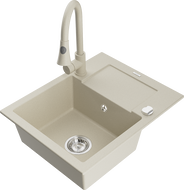 Mexen Enzo évier en granit 1 bac avec égouttoir et robinet de cuisine Elia, beige - 6506-69-670101-69
