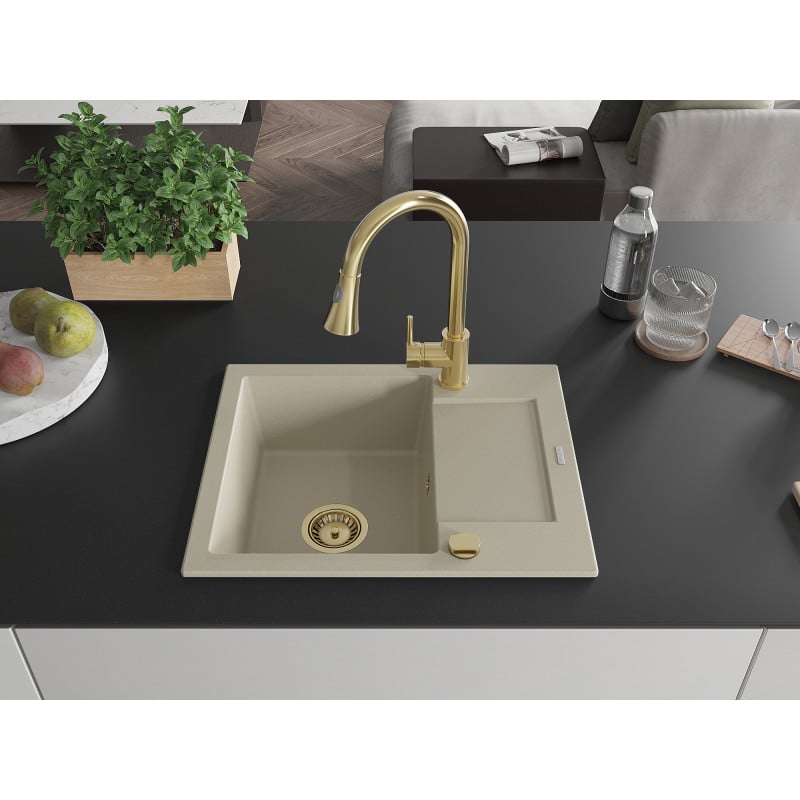 Mexen Enzo évier en granit 1 bac avec égouttoir et robinet de cuisine Elia, beige - 6506-69-670101-50
