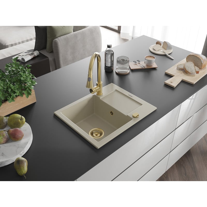 Mexen Enzo évier en granit 1 bac avec égouttoir et robinet de cuisine Elia, beige - 6506-69-670101-50