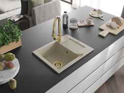 Mexen Enzo évier en granit 1-bac avec égouttoir et robinet de cuisine Elia, beige - 6506-69-670101-50