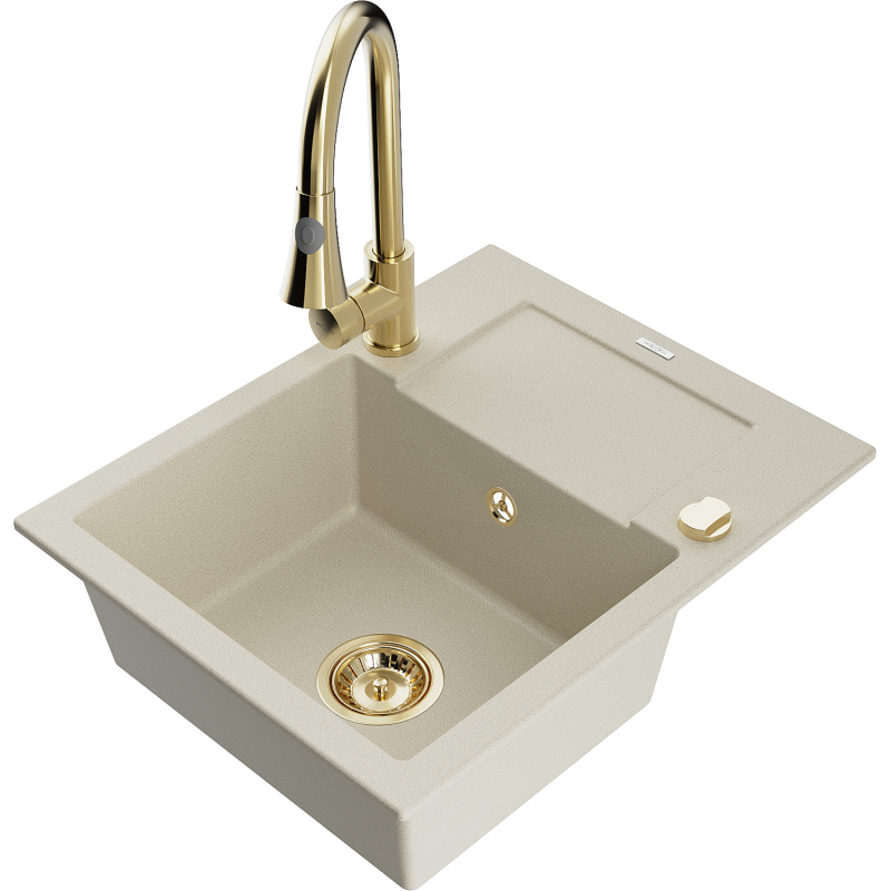 Mexen Enzo évier en granit 1-bac avec égouttoir et robinet de cuisine Elia, beige - 6506-69-670101-50
