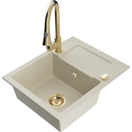 Mexen Enzo évier en granit 1-bac avec égouttoir et robinet de cuisine Elia, beige - 6506-69-670101-50