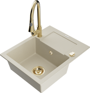 Mexen Enzo évier en granit 1-bac avec égouttoir et robinet de cuisine Elia, beige - 6506-69-670101-50