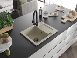 Mexen Enzo évier en granit 1 bac avec égouttoir et robinet de cuisine Elia, beige - 6506-69-670101-70