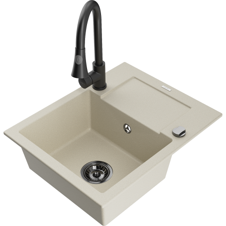 Mexen Enzo évier en granit 1 bac avec égouttoir et robinet de cuisine Elia, beige - 6506-69-670101-70