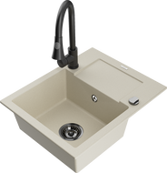 Mexen Enzo évier en granit 1 bac avec égouttoir et robinet de cuisine Elia, beige - 6506-69-670101-70