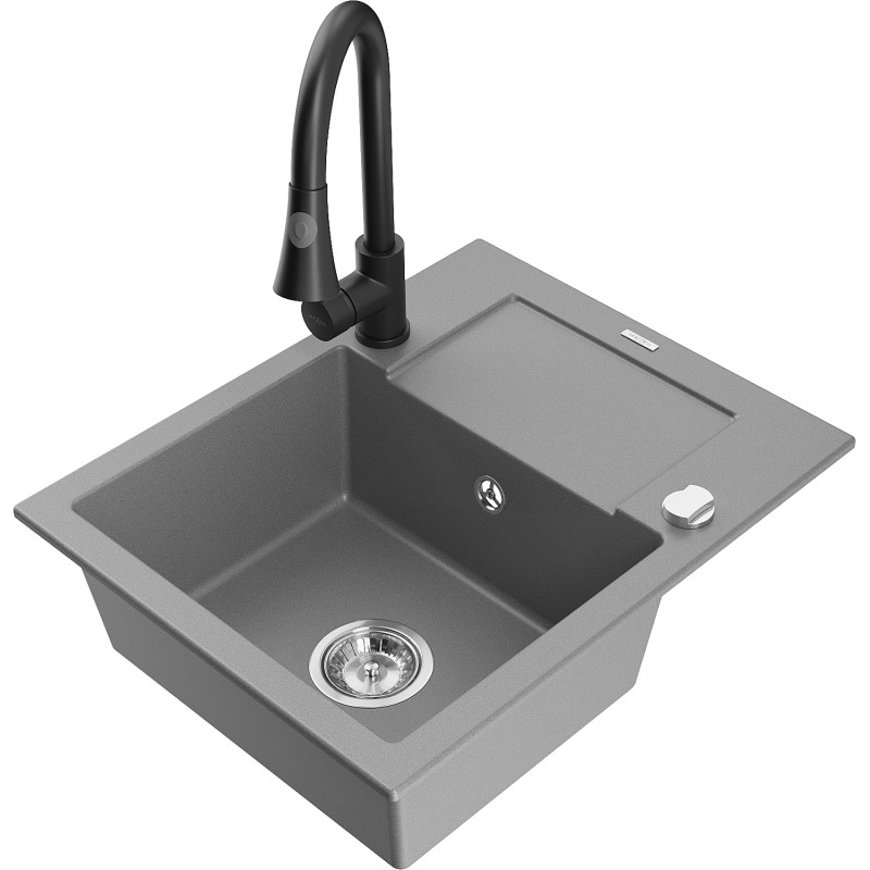 Mexen Enzo évier en granit 1 cuve avec égouttoir et robinet de cuisine Elia, gris - 6506-71-670101-70