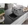 Mexen Enzo évier en granit 1 bac avec égouttoir et robinet de cuisine Elia, noir/argent métallisé - 6506-73-670101-70-B