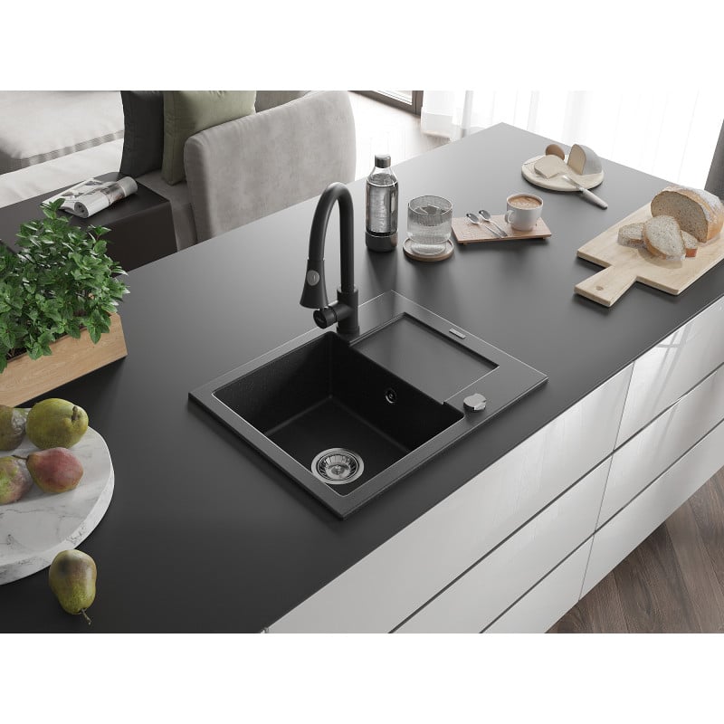 Mexen Enzo évier en granit 1 cuve avec égouttoir et robinet de cuisine Elia, noir/argent métallique - 6506-73-670101-70