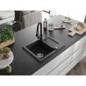 Mexen Enzo évier en granit 1 cuve avec égouttoir et robinet de cuisine Elia, noir/argent métallique - 6506-73-670101-70