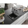 Mexen Enzo évier en granit 1 bac avec égouttoir et robinet de cuisine Elia, noir/doré métallisé - 6506-75-670101-70
