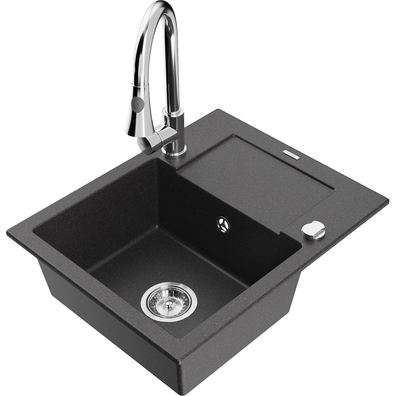 Mexen Enzo évier en granit 1-bassin avec égouttoir et robinet de cuisine Elia, noir moucheté - 6506-76-670101-00