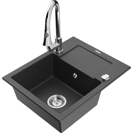 Mexen Enzo évier en granit 1-bassin avec égouttoir et robinet de cuisine Elia, noir moucheté - 6506-76-670101-00