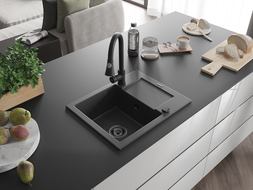 Mexen Enzo évier en granit à 1 bac avec égouttoir et robinet de cuisine Elia, noir moucheté - 6506-76-670101-70-B