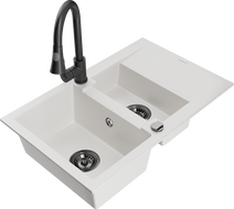 Mexen Gaspar évier en granit 1,5 cuve avec égouttoir et robinet de cuisine Elia, blanc - 6507-20-670101-70