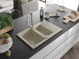 Mexen Gaspar évier en granit 1,5 bac avec égouttoir et robinet de cuisine Elia, beige - 6507-69-670101-00