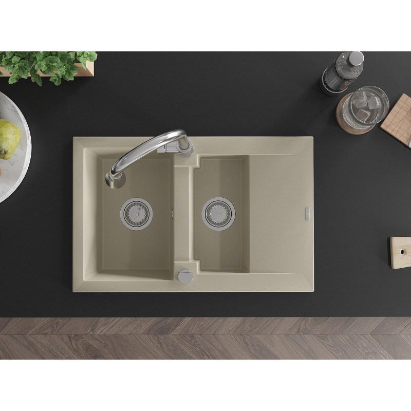 Mexen Gaspar évier en granit 1,5 cuves avec égouttoir et robinet de cuisine Elia, beige - 6507-69-670101-00