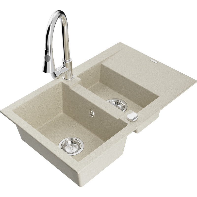 Mexen Gaspar Évier en granit 1,5 bac avec égouttoir et robinet de cuisine Elia, beige - 6507-69-670101-00