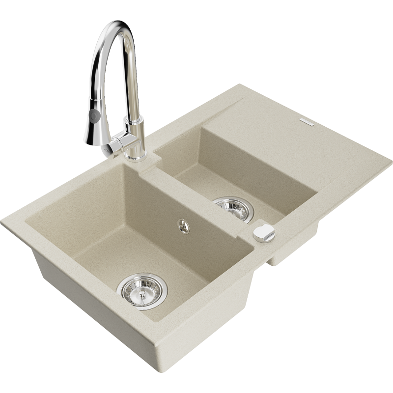Mexen Gaspar évier en granit 1,5 cuves avec égouttoir et robinet de cuisine Elia, beige - 6507-69-670101-00