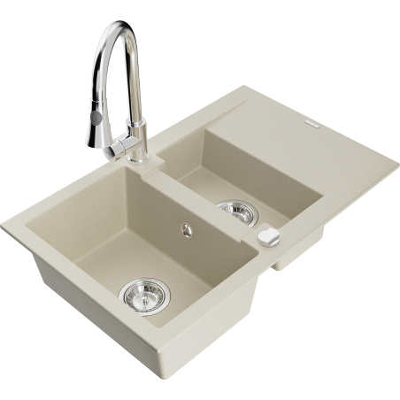 Mexen Gaspar évier en granit 1,5 cuves avec égouttoir et robinet de cuisine Elia, beige - 6507-69-670101-00