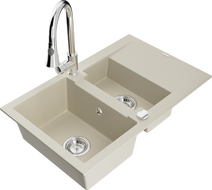 Mexen Gaspar évier en granit 1,5 bac avec égouttoir et robinet de cuisine Elia, beige - 6507-69-670101-00