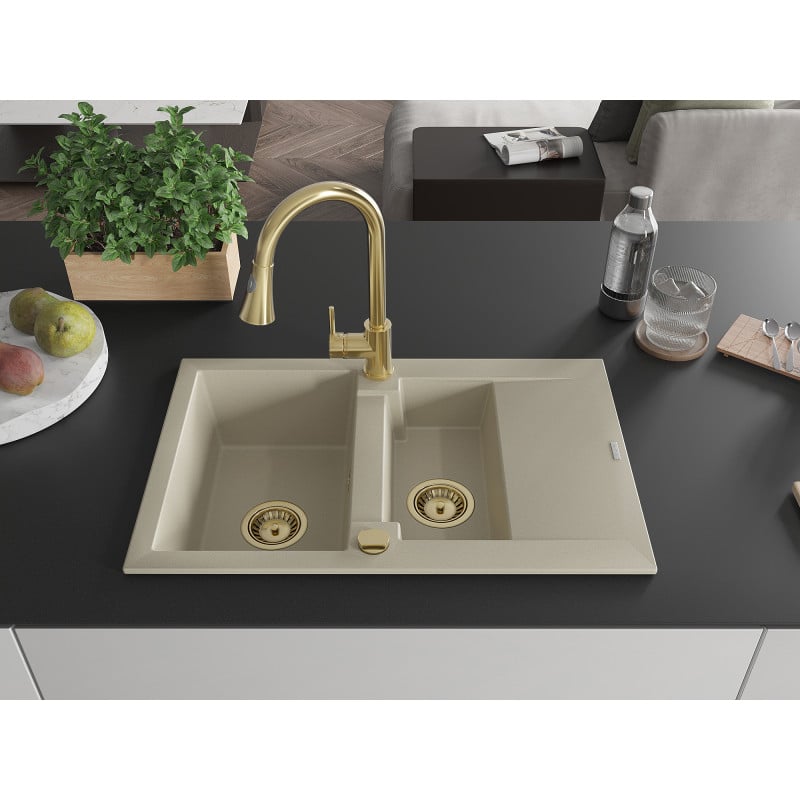 Mexen Gaspar évier en granit 1,5 bac avec égouttoir et robinet de cuisine Elia, beige - 6507-69-670101-50