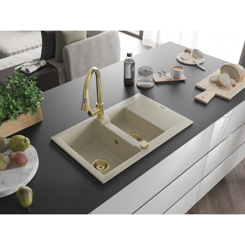 Mexen Gaspar évier en granit 1,5 bac avec égouttoir et robinet de cuisine Elia, beige - 6507-69-670101-50