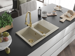 Mexen Gaspar évier en granit 1,5 cuve avec égouttoir et robinet de cuisine Elia, beige - 6507-69-670101-50