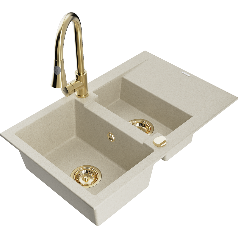 Mexen Gaspar évier en granit 1,5 bac avec égouttoir et robinet de cuisine Elia, beige - 6507-69-670101-50