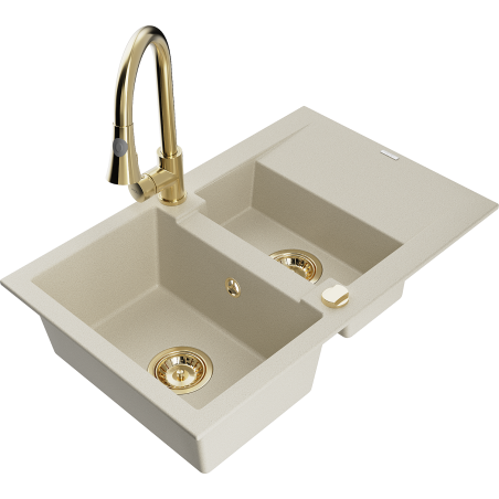 Mexen Gaspar évier en granit 1,5 bac avec égouttoir et robinet de cuisine Elia, beige - 6507-69-670101-50