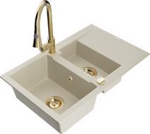 Mexen Gaspar évier en granit 1,5 cuve avec égouttoir et robinet de cuisine Elia, beige - 6507-69-670101-50