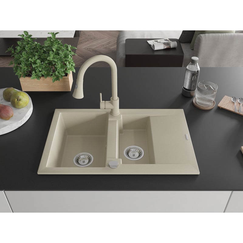 Mexen Gaspar évier en granit 1,5 bac avec égouttoir et robinet de cuisine Elia, beige - 6507-69-670101-69
