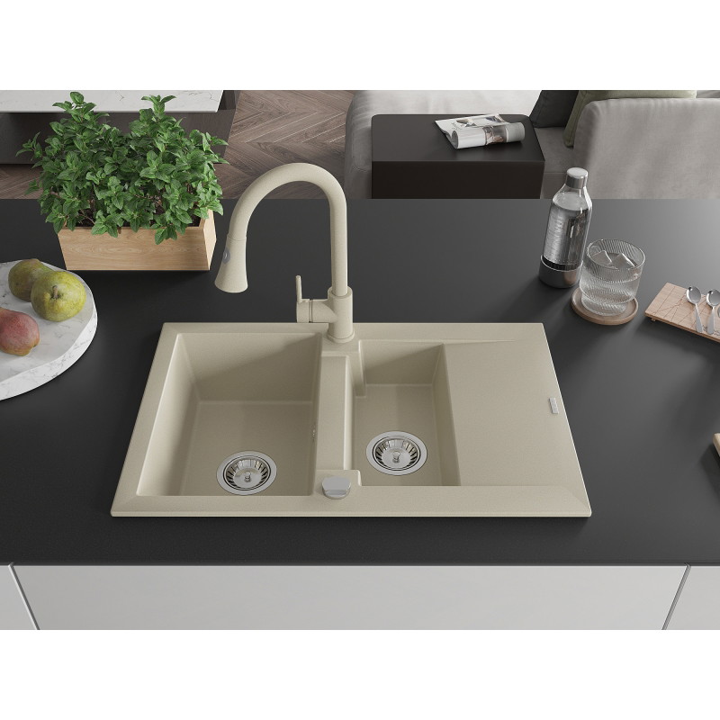 Mexen Gaspar évier en granit à 1,5 bac avec égouttoir et robinet de cuisine Elia, beige - 6507-69-670101-69