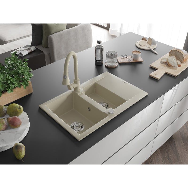 Mexen Gaspar évier en granit 1,5 bac avec égouttoir et robinet de cuisine Elia, beige - 6507-69-670101-69