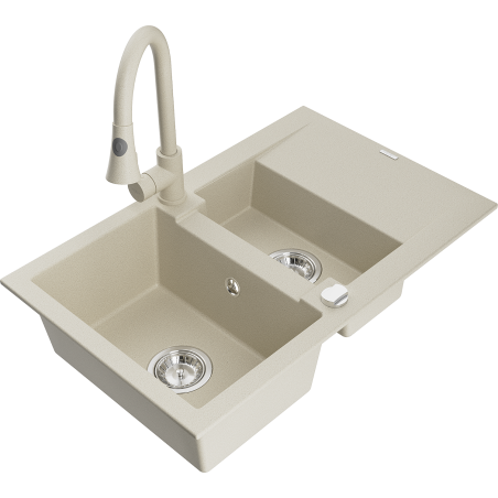 Mexen Gaspar évier en granit 1,5 bac avec égouttoir et robinet de cuisine Elia, beige - 6507-69-670101-69