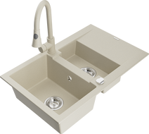 Mexen Gaspar évier en granit 1,5 bac avec égouttoir et robinet de cuisine Elia, beige - 6507-69-670101-69